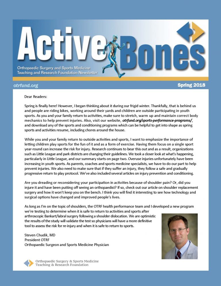 OTRF spring newsletter looks at Little League guideline compliance, introduces a new functional capacity test following shoulder Bankart surgery, shoulder replacements and research in the news