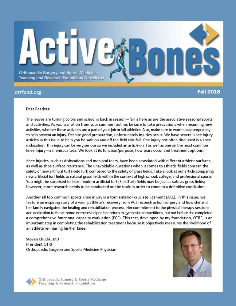 OTRF fall newsletter covers three knee injuries, physical therapy frequency and latest on grass vs. turf