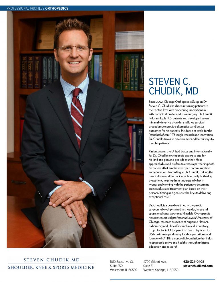 Orthopaedic shoulder, knee surgeon, Dr. Steven Chudik, featured in Chicago Magazine