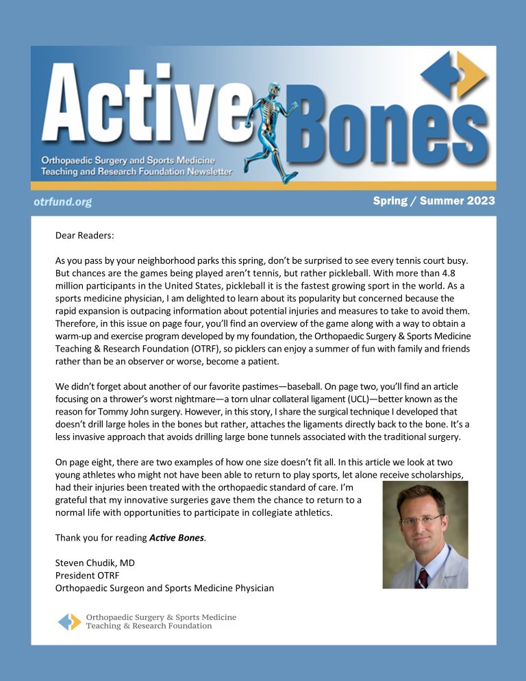 OTRF Fall-Winter newsletter covers the new Guardian Cap, why athletes play in pain and new lab-made cartilage
